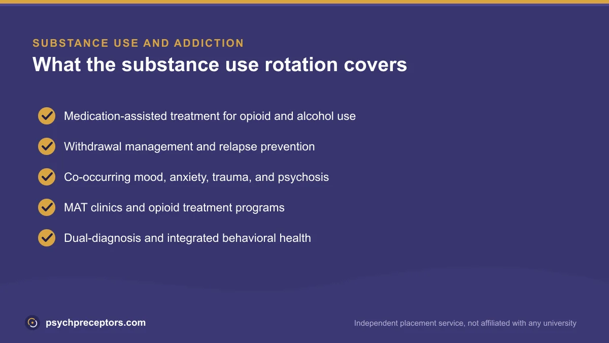 Checklist of what the PMHNP substance use and addiction rotation covers
